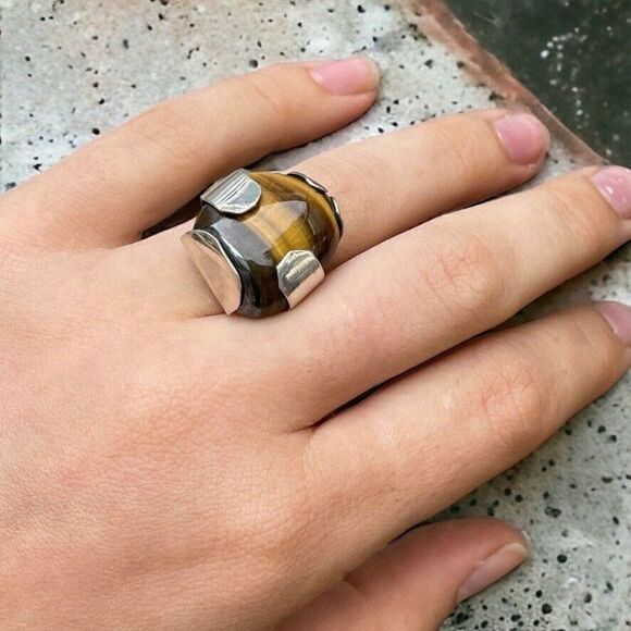 Handmade Womens Sterling Silver .925 Tigers Eye Brutalist Abstract Ring Sz 6 - Picture 1 of 7